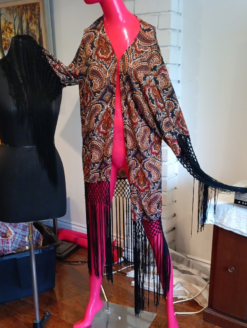 Millou Paisley Print Jackein Orange, Pink and Navy.  Fringed Bell Sleeves and Bl